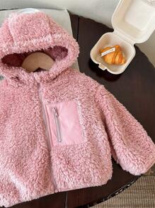 SHEIN Babygirl Cute Casual Versatile Pink Fluffy Hooded Jacket, Autumn/Winter Baby Girl Pink Jacket Baby Girl Winter Jacket Toddler Girl Fuzzy Jacket Pink Teddy Bear Jacket Baby Sherpa Jacket Fall - Multicolor - View 4