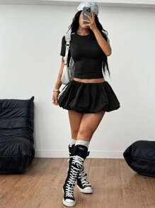 Coolane Women's Summer Festival Going Out Streetwear Western Wear Vacation Outfits Gyaru Banded Texture Decoration Slim Fit Tees And Bubble Skirts Two Pieces Outfits - Black - View 6