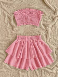 Soleia 2 件套女士纯色抹胸上衣和迷你裙套装，夏季时尚 - 淺粉色 - 查看 2