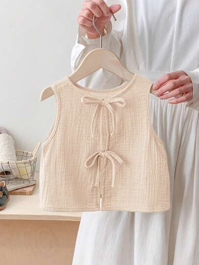 SHEIN LMoss Kids Babygirl 可爱夏季休闲百搭卡其色蝴蝶结吊带背心