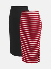 SHEIN LUNE Plus Size Women Elastic Waist Straight Casual Multi-Pack Midi Skirts Summer Vacation,Business Casual - Burgundy - View 8