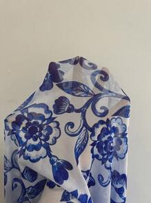 Swim Oasis Women's Floral Print Tie Shoulder One-Piece Swimsuit With Matching Cover Up Skirt For Holiday For Summer Beach Vacation - Blue and White - View 7