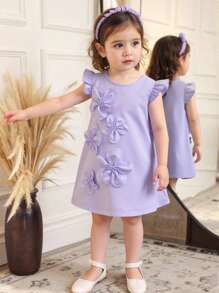 SHEIN Váy tím đơn giản thanh lịch cho bé gái mùa hè, họa tiết hoa 3D, tay áo nhún bèo nhẹ nhàng, thích hợp mặc thường ngày, ngày lễ và hàng ngày - Màu tím - Xem 5