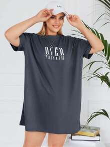 RueChic Plus Letter Graphic Drop Shoulder Tee Dress - Grey - View 4