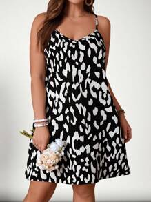 SHEIN VCAY Rochie de vară pentru femei Boho Vacation, cu imprimeu leopard, alb-negru
