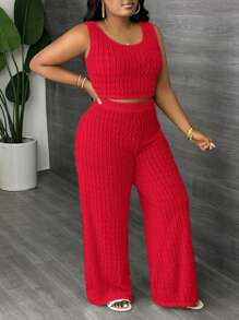 Slaydiva 2pcs Plus Size Solid White Long Casual Tank Top And Wide Leg Pants Set, Spring/SummerSummer Outfits For Women,Two Piece Set Women - Red - View 2