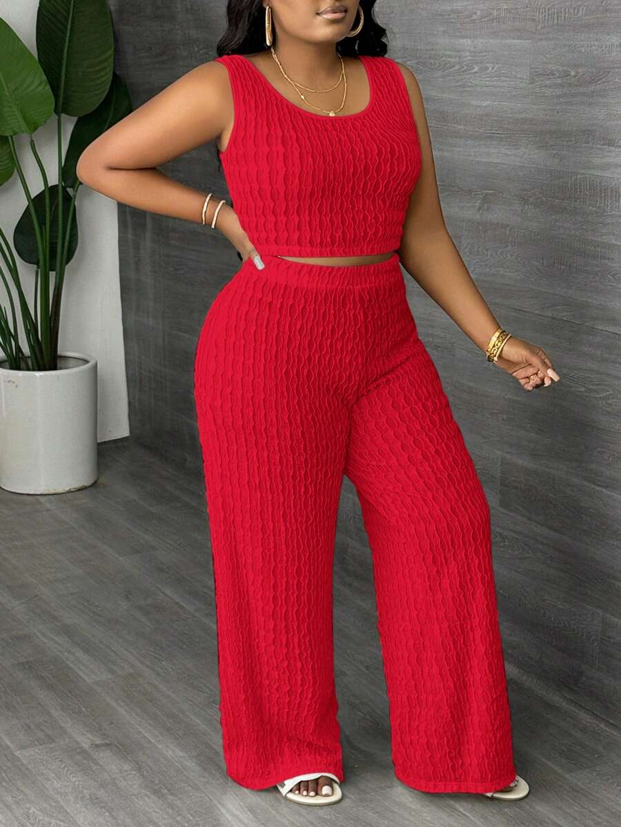 Slaydiva 2pcs Plus Size Solid White Long Casual Tank Top And Wide Leg Pants Set, Spring/SummerSummer Outfits For Women,Two Piece Set Women