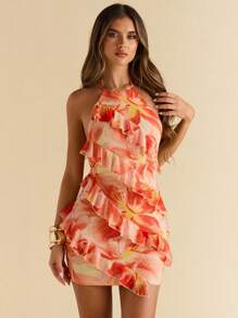 SHEIN BAE 女士夏季海边沙滩度假多层荷叶边节日花卉大花朵图案优雅节日连衣裙