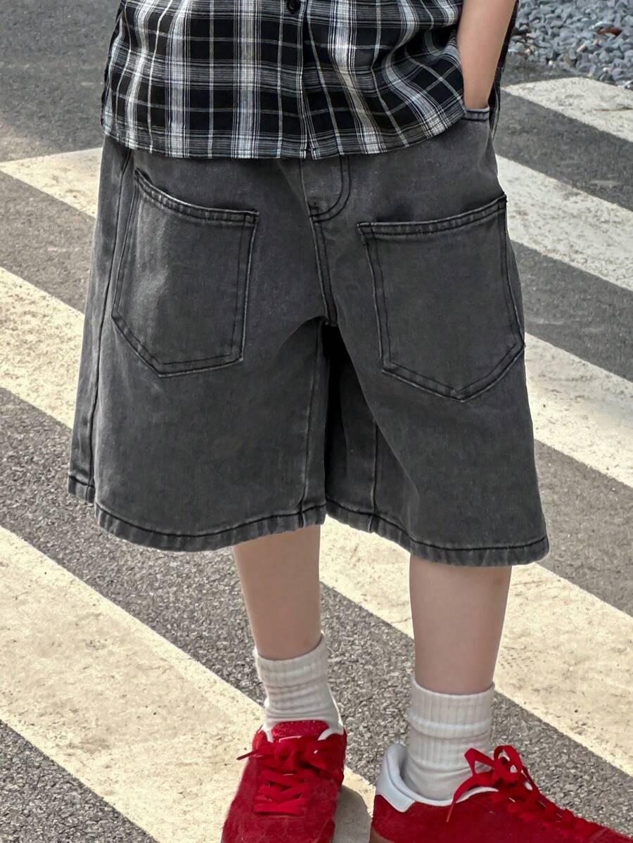 DAZY 青少年男孩松紧腰口袋宽松休闲牛仔短裤，返校服，秋装 - 淺灰色 - 查看 1