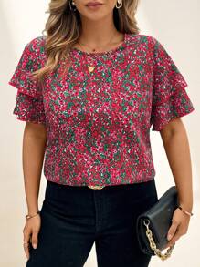 SHEIN Clasi Elegante Bluse mit Rüschen und Blümchen Muster in Große Größen, Urlaubsstil, Sommer für Frauen, Sommerbluse, züchtige Frauen, Blümchen, lustig, geeignet für eleganten Alltags-Look, Urlaubsfrau, Sommer für Frauen, Business-Casual-Frau, Ausgehoberteil für Frauen, Büromode für Frauen, Frühling für Frauen, Festival, Old Money, Kurzarmbluse für Frauen, elegante Frau, züchtige Frauen, Lässig-Oberteil für Frauen, Frühlingsferien, St. Patrick''s Day - Verschiedenfarbig - Übersicht 4