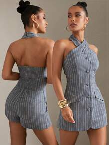 Hauture Women's Striped Front Button Halter Jumpsuit, Suitable For Commuting In Summer - Multicolor - View 2