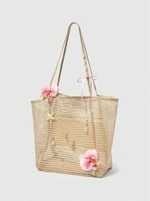 ROMWE Fairycore 1 件手工编织手提包，带有人造兰花、百合和贝壳装饰，大容量单肩包，适合夏季度假和海滩（配件需要 DIY 组装） - 彩色 - 查看 2