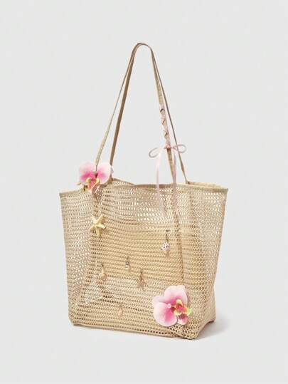 Fairycore 1 pieza Bolso de totora hecho a mano con decoración de orquídea artificial, lirio y concha, bolso de hombro de gran capacidad, adecuado para vacaciones de verano y playa (los accesorios deben ensamblarse uno mismo)