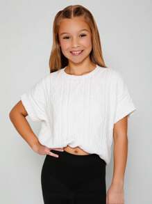 SHEIN 少女鬆身休閒質感織物短袖露脐上衣，圓領和下垂肩設計 - 白色 - 查看 7