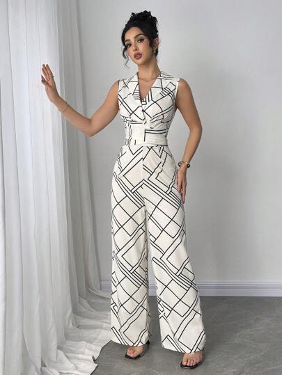 Elenzga Women's Casual Cinched Waist Sleeveless Jumpsuit, Summer