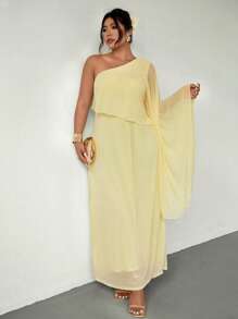 Firerie Váy dài bằng vải chiffon và lưới hai lớp rộng rãi không đối xứng cho mùa hè cỡ lớn, màu vàng; Thích hợp cho ngày lễ tình nhân, hòa nhạc, biểu diễn, hẹn hò, tiệc chiêu đãi cấp cao, vũ hội, đám cưới, gợi cảm, thanh lịch, đi làm, trở lại trường, kỳ nghỉ, bãi biển, lãng mạn, quý cô công sở, phong cách nàng tiên cá, tiệc sinh nhật - Màu vàng - Xem 1