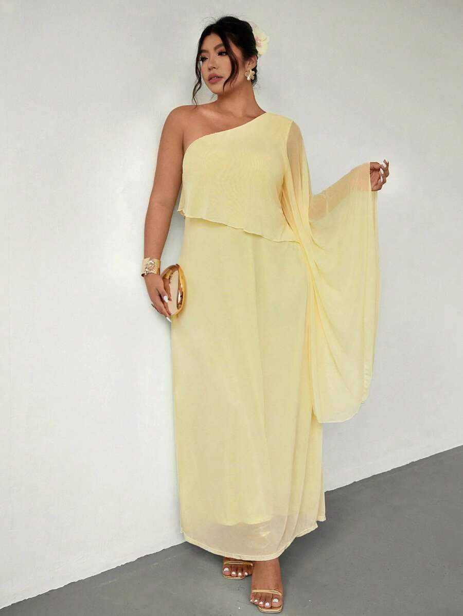 Firerie Váy dài bằng vải chiffon và lưới hai lớp rộng rãi không đối xứng cho mùa hè cỡ lớn, màu vàng; Thích hợp cho ngày lễ tình nhân, hòa nhạc, biểu diễn, hẹn hò, tiệc chiêu đãi cấp cao, vũ hội, đám cưới, gợi cảm, thanh lịch, đi làm, trở lại trường, kỳ nghỉ, bãi biển, lãng mạn, quý cô công sở, phong cách nàng tiên cá, tiệc sinh nhật - Màu vàng - Xem 1