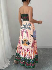 SHEIN Unity 2pcs/Set Women Casual Vacation Printed Bandeau Top And Skirt Set - Dark Green - View 2