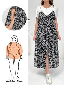 SHEIN Essnce 大码女式夏季两件套、连衣裙套装、短袖两件套、碎花连衣裙套装、狂欢装扮节日飘逸连衣裙度假两件套、2 件夏季服装 - 白色 - 查看 1