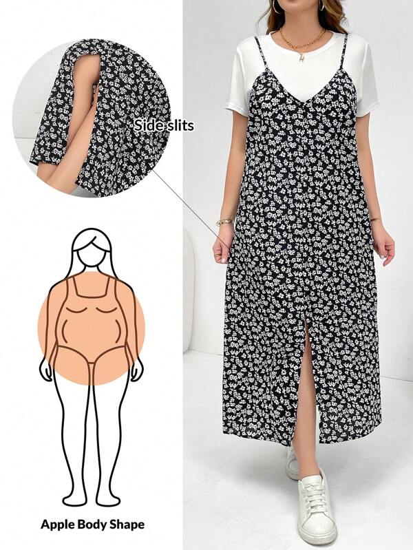 SHEIN Essnce Plus Size Women's Summer Two Pieces Set, Dress Set, Short-Sleeved Two Pieces Set, Ditsy Floral Dress Set Rave Outfits Festival Flowy Dress Vacation Two Pieces Set,2 Pieces Summer Outfit