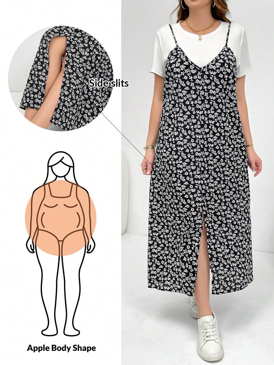 SHEIN Essnce 大码女式夏季两件套、连衣裙套装、短袖两件套、碎花连衣裙套装、狂欢装扮节日飘逸连衣裙度假两件套、2 件夏季服装 - 白色 - 查看 1