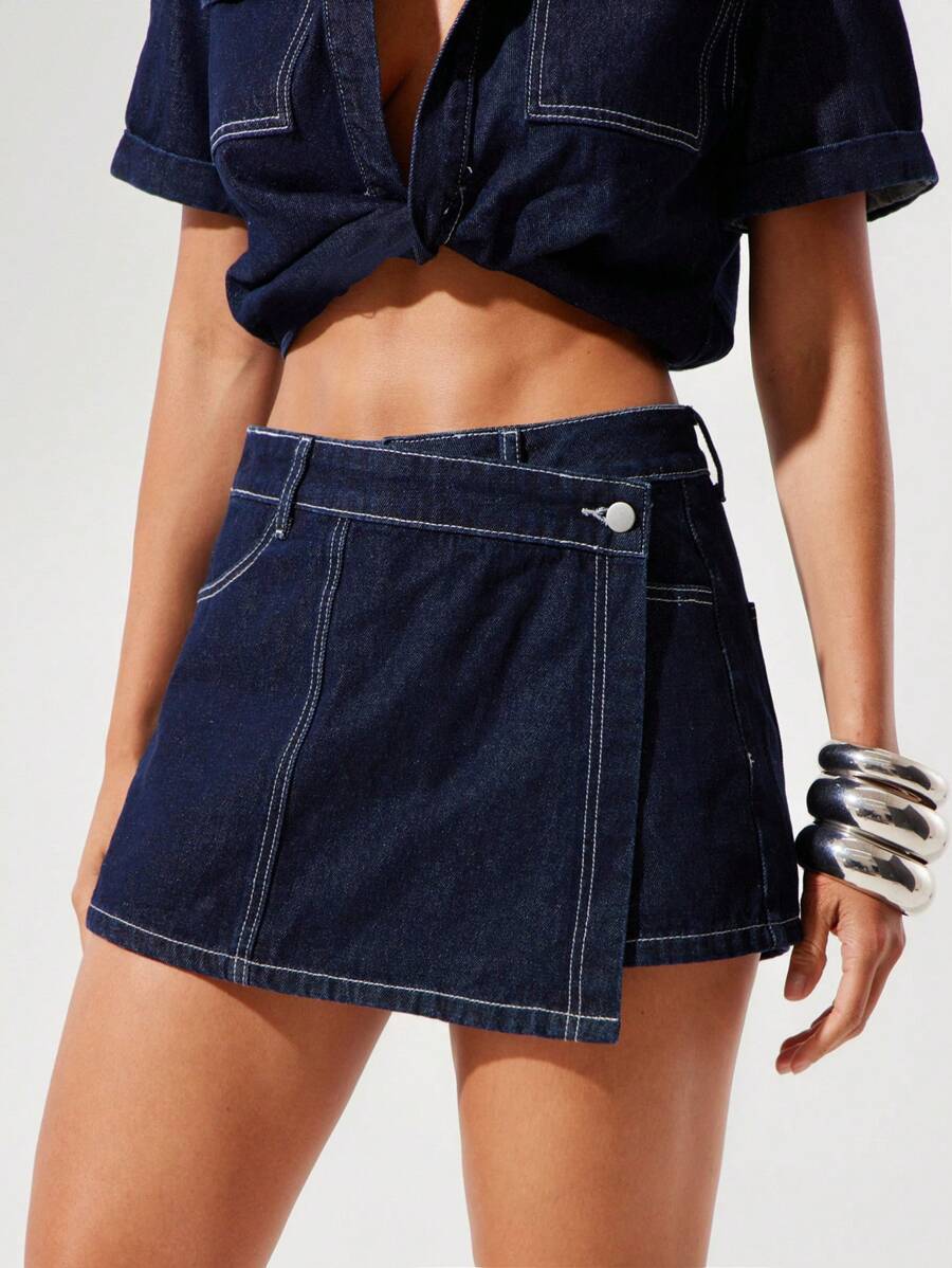Denimoi Solid Wash Contrast Stitch Denim Skort