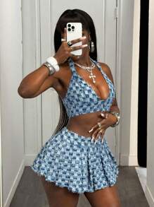 Slaydiva 女士牛仔露背短款上衣，修身性感，蓝色 - 淺色水洗藍 - 查看 6