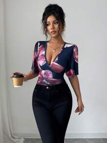 Roylia Women's Floral Print Fitted Sexy Elegant Knit T-Shirt