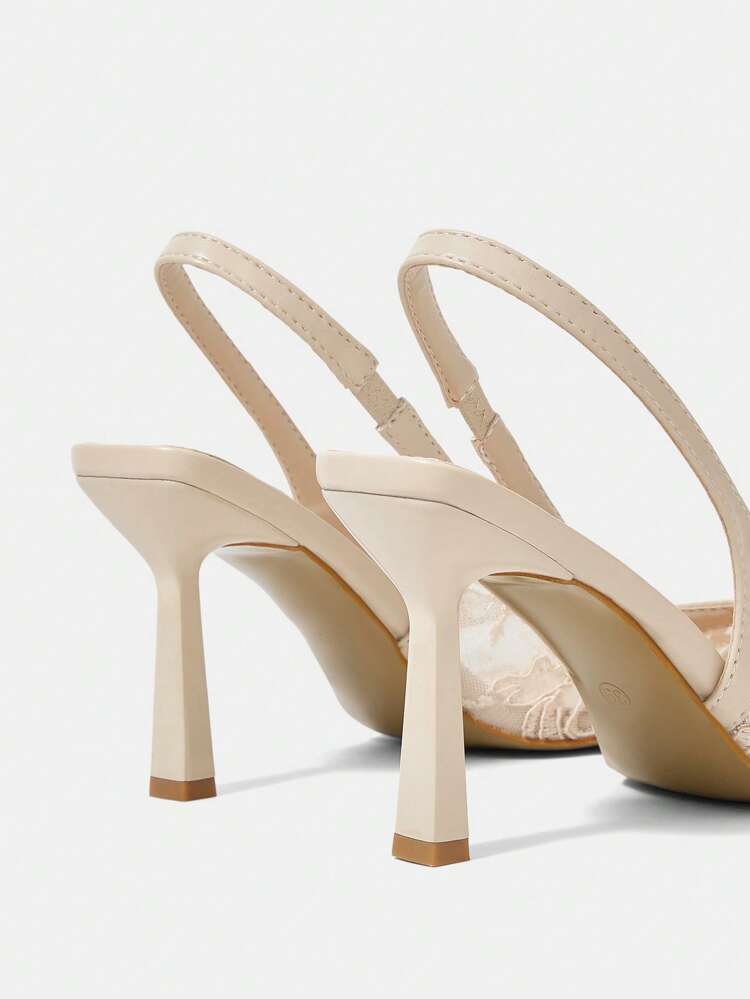 CUCCOO HITCHD Pointed Toe Thin Heel Apricot Lace & Mesh Elegant Wedding Party Women High Heel Backless Pumps For Christmas Elegant Shoes Wedding Shoes Summer Shoes Bride Shoes