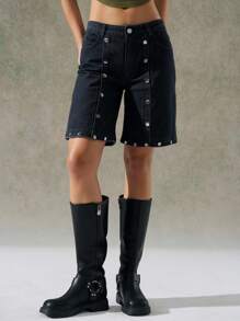 LYSMO Quần short denim túi nút thời trang thường ngày cho nữ - màu đen - Xem 3