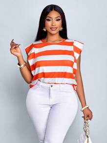 SOLERSUN 大码春夏新款条纹圆领无袖宽肩荷叶边修身T恤休闲度假优雅时尚女装 - 橘色 - 查看 4