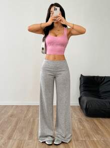 SHEIN EZwear Pantalones anchos informales de cintura alta elástica y de talla grande - Gris Claro - Ver 3