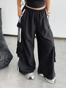 POPSWAY Damen Große Größen Lässig Schwarz & Weiß Gestreiftes Trägertop + Gestreifte Weit geschnittene Cargohose mit großen Taschen