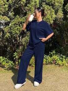 SHEIN EZwear 女士针织纹理宽松T恤阔腿裤休闲套装，夏季 - 藏蓝色 - 查看 4