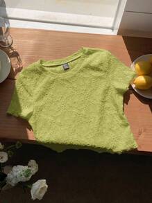 Comfortcana Beige Knitted Jacquard Round Neck Basic Short Sleeve T-Shirt, Summer - Olive Green - View 4