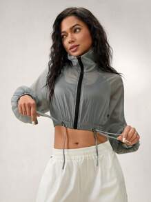 Hanevo 女式休闲抽绳拉链轻便长袖夹克 - 灰色 - 查看 6