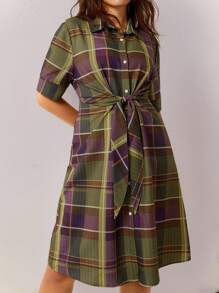 SHEIN LUNE Plus Size Women Dark Purple Plaid Print Belted Button Up Summer Dress,90s Retro Gingham Office Picnic Outfit,Boho Vacation Slouchy Chillax Relaxed Fit - Multicolor - View 5