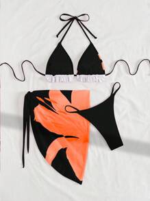 Swim Mod 3件套女士荷叶边露背系带花卉印花网眼裙沙滩装比基尼套装 - 彩色 - 查看 6