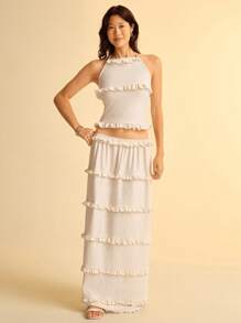 CAJUNI Women's Solid Color Elastic Waist Ruffle Hem Skirt - White - View 7