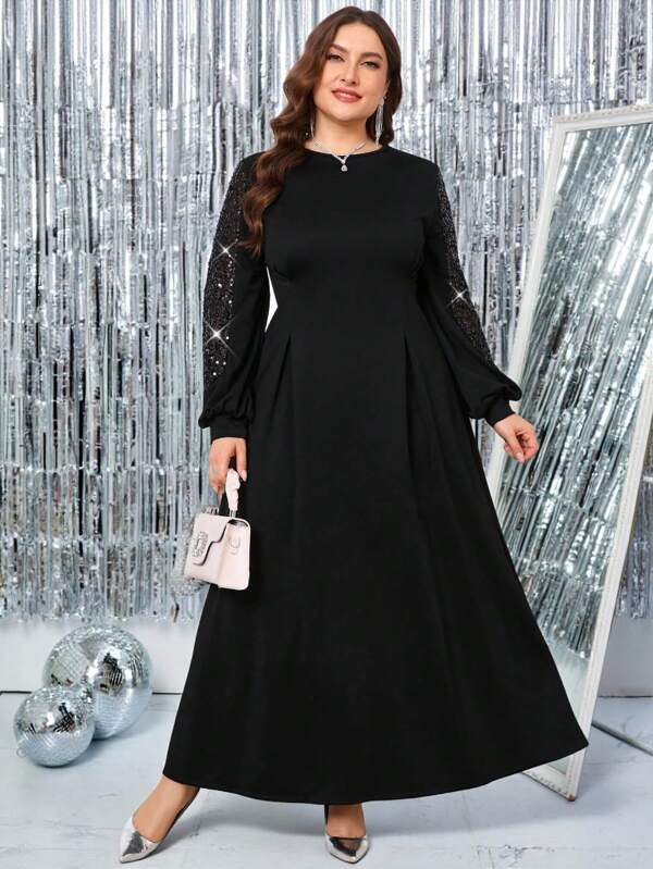 Gownix Curved Plus Size Women's Black Elegant Silver Sparkling Sequins Stitching Waist Tightening A-Line Dress, Women's Black Dress, Going Out Clothing, Women's Dress, Elegant Dress, Elegant Dress, Elegant Wedding Dress, Women's Spring Summer Dress, Women's Resort Clothing
