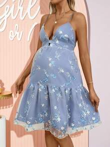 Loomaby Pregnant Women Floral Embroidery Mesh Ruffle Hem Cami Dress Maternity Dress - Multicolor - View 3