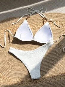 Swim Mod Summer Beach Chain Linked Halter Triangle Bikini Set - White - View 2
