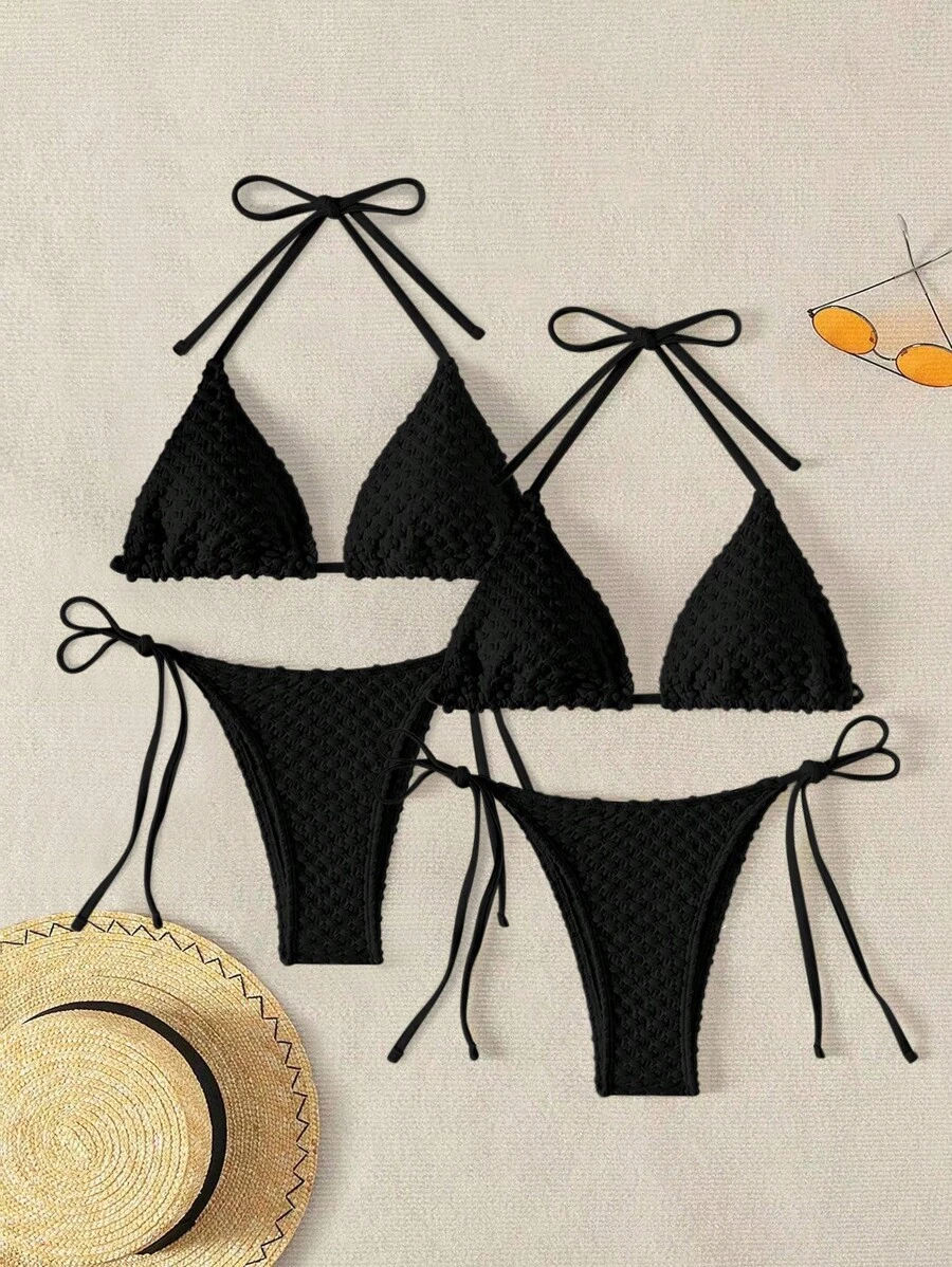 SHEIN Swim Bikini 2 mảnh gợi cảm buộc dây màu trơn dành cho nữ - màu đen - Xem 1