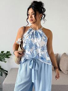 Breezaya Conjunto informal de 2 piezas para mujer de talla grande: blusa sin mangas con estampado en el cuello y pantalones largos de unicolor