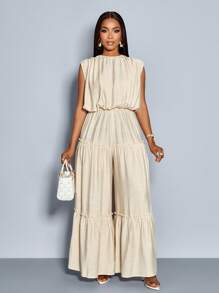 SOLERSUN Spring/Summer Women's Wear Everyday Leisure Vacation Apricot Woven Crew Neck Button Back Slit Short Sleeves Gathered Shoulders Elastic Gathered Waist Layered Legs Long Jumpsuit - Apricot - View 4