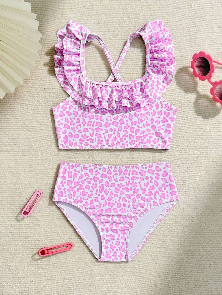 SHEIN Young Girls Beach Holiday Floral Print Ruffle Trim Bikini Set Young Girls Sets Young Girl Summer Outfits Young Girls Clothing Bathing Suits Set Swim Suits For Girls Two Pieces Bathing Suits For Girls Kids - Pink - View 1