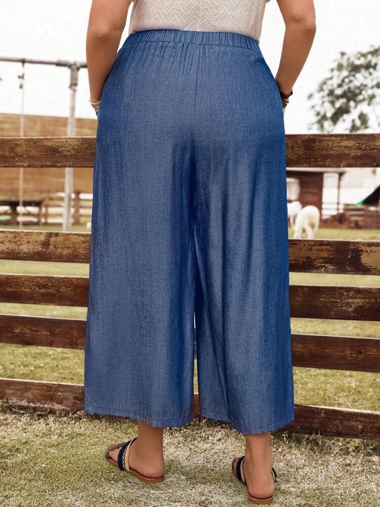 Plus Size Women's Early Spring And Summer Denim Effect 3/4 Pants, Blue Vacation Loose Wide Leg Trousers,Baggy Pants,Casual Everyday Wear