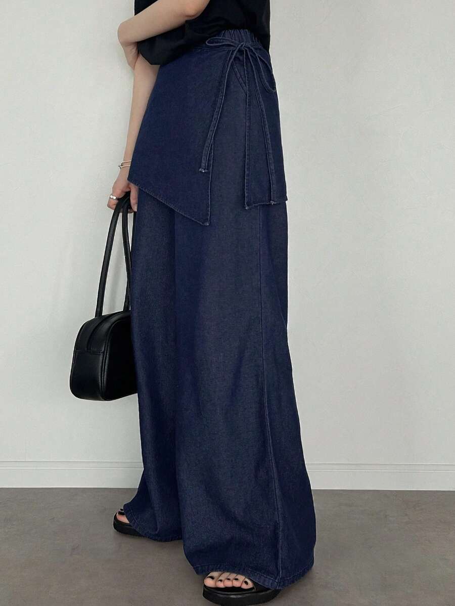 FRIFUL Pantalones rectos con volante desmontable en azul oscuro lavado con set casual y versátil de 2 piezas, ideal para usar en el aeropuerto y de vacaciones