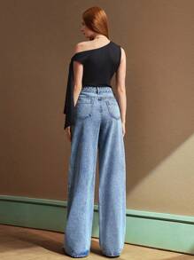 SHEIN BAE Low-Rise Distressed Embellished Rhinestone Washed Straight Leg Jeans - Medium Wash - View 2