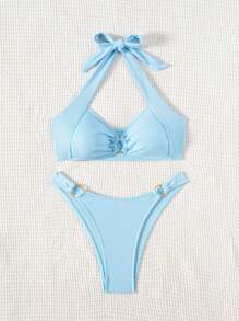 SHEIN Swim 夏季海滩女式纯色露背文胸和泳裤比基尼套装泳衣棕色比基尼两件套比基尼 - 藍色 - 查看 4